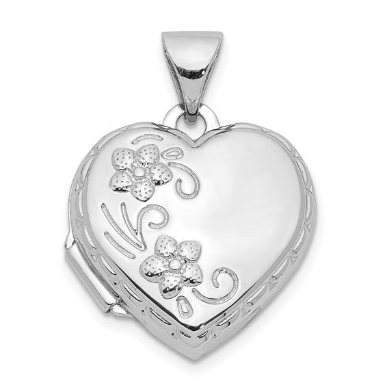 Sterling Silver Rhodium-plated 15mm Floral Heart Locket