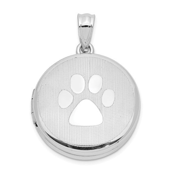 Sterling Silver Rhodium 20mm Grooved and Polished Pawprint Round Locket