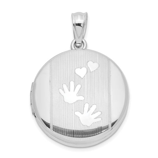 Sterling Silver RH 20mm Grooved and Polished Handprints and Hearts Round Locket