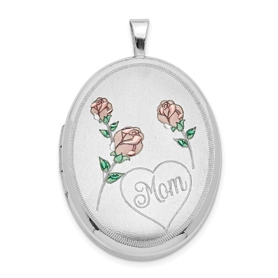Sterling Silver RH 26mm Satin/Polished Enameled Roses Mom Oval Locket