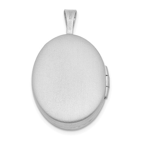 Sterling Silver Rhod-plated 19mm Diamond Satin and Polished Heart Oval Locket