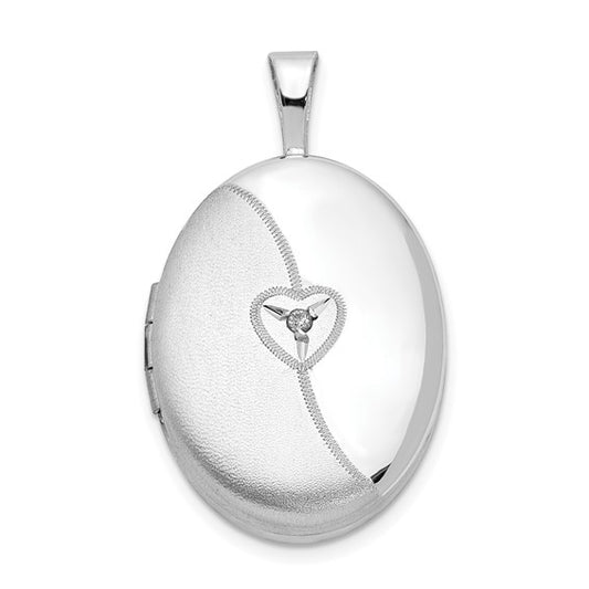 Sterling Silver Rhod-plated 19mm Diamond Satin and Polished Heart Oval Locket