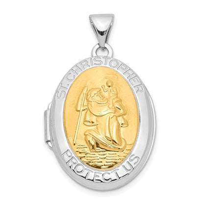 Sterling Silver RH-pltd with Yellow Rhod 23mm St Christopher Oval Locket