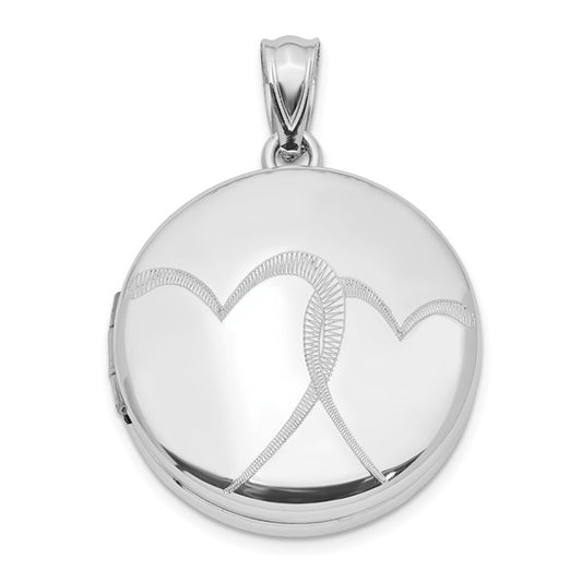 Sterling Silver Rhodium-plated 20mm Polished Hearts Round Locket