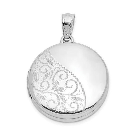 Sterling Silver Rhodium-plated 20mm Polished Scrolled Round Locket