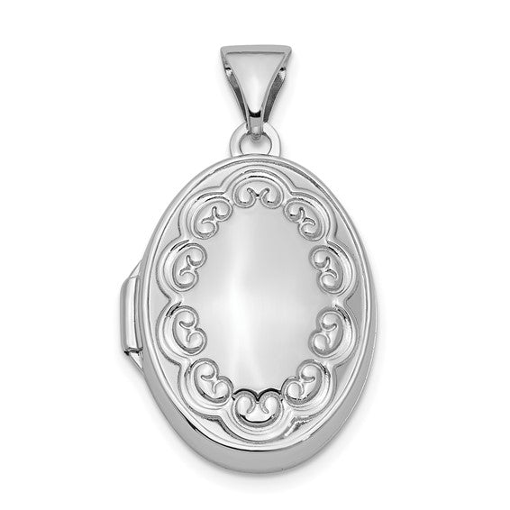 Sterling Silver Rhodium-plated 17mm Scrolled Oval Locket