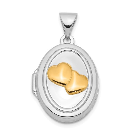 Sterling Silver Rhod-pltd with Yellow Rhod 17mm Two Hearts Oval Locket