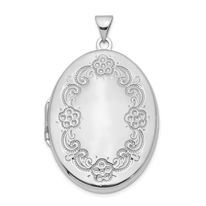 Sterling Silver Rhodium-plated 31mm Floral Border Oval Locket