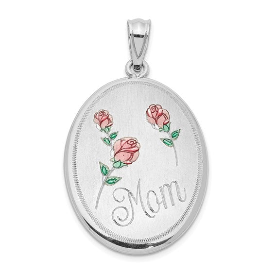 Sterling Silver RH-plated Satin/Polished Mom Enamel Roses Oval Open Locket