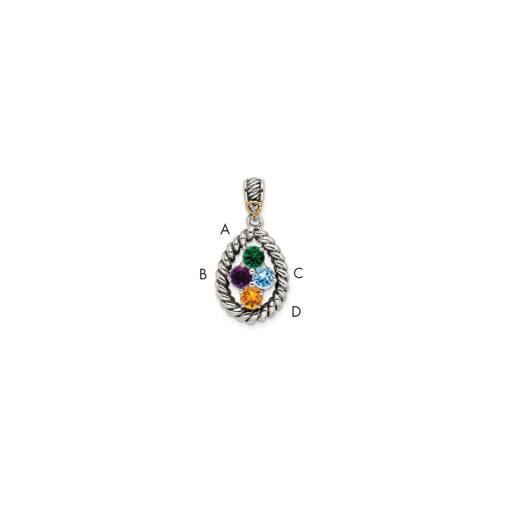 Sterling Silver Antiqued w/14k 4-stone w/Diamond Mother's Pendant