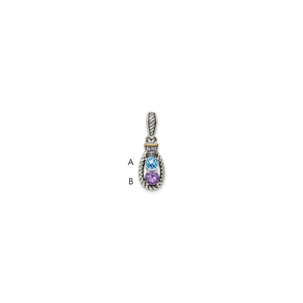 Sterling Silver Antiqued w/14k 2-stone w/Diamond Mother's Pendant