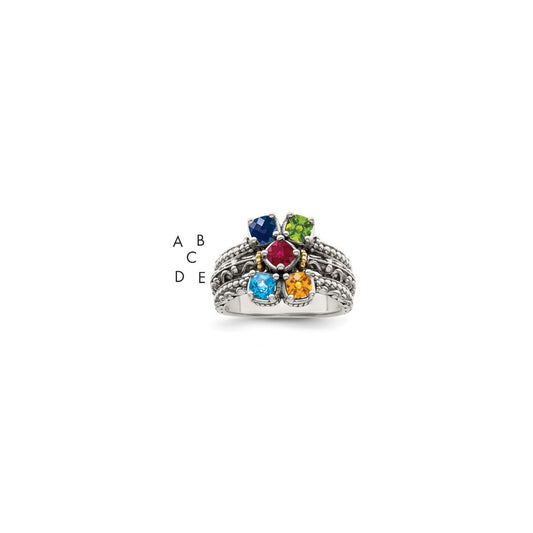 Sterling Silver Antiqued w/14k 5-stone Mother's Ring