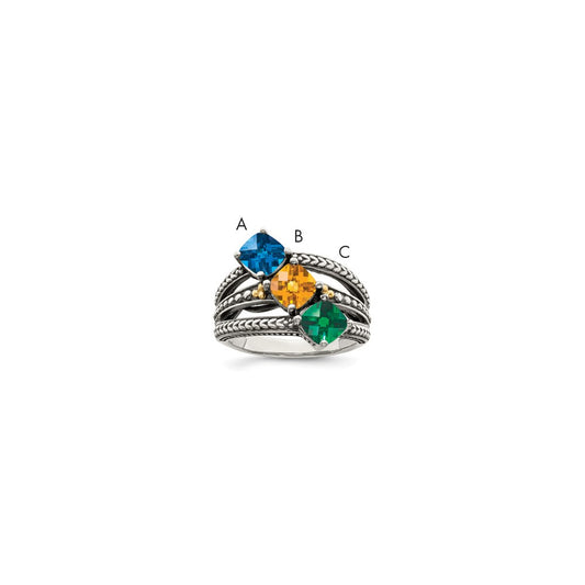Sterling Silver Antiqued w/14k 3-stone Mother's Ring