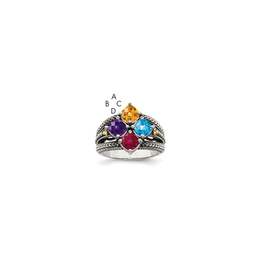 Sterling Silver Antiqued w/14k 4-stone Mother's Ring