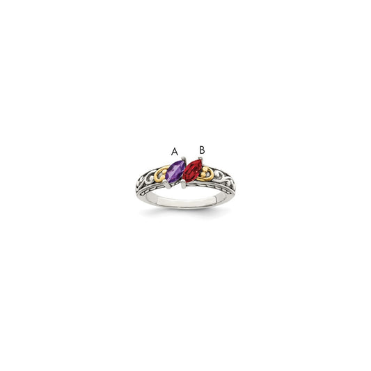 Sterling Silver Antiqued w/14k 2-stone Mother's Ring