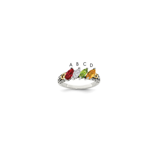 Sterling Silver Antiqued w/14k 4-stone Mother's Ring