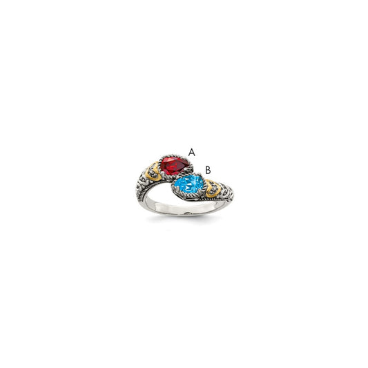Sterling Silver Antiqued w/14k 2-stone w/Diamond Mother's Ring Semi-Mount
