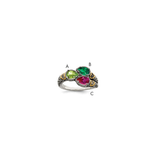 Sterling Silver Antiqued w/14k 3-stone w/Diamond Mother's Ring Semi-Mount