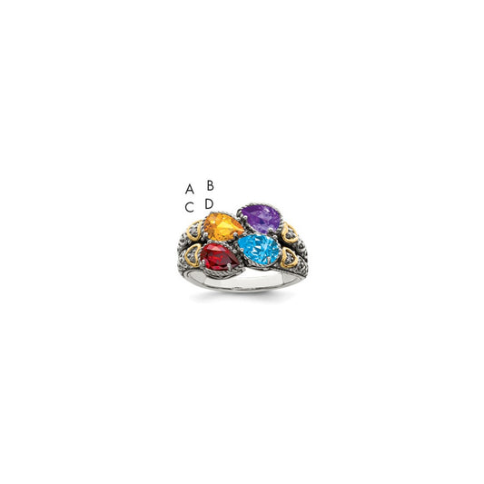 Sterling Silver Antiqued w/14k 4-stone w/Diamond Mother's Ring Semi-Mount