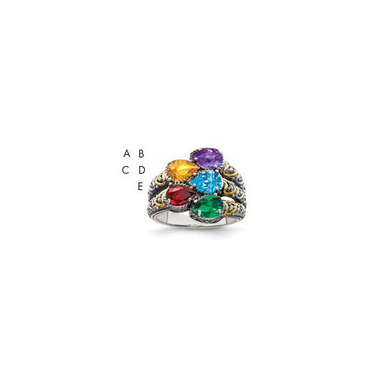 Sterling Silver Antiqued w/14k 5-stone w/Diamond Mother's Ring Semi-Mount