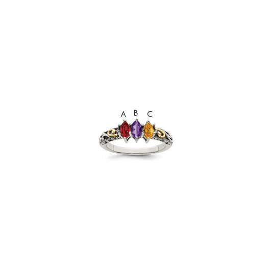 Sterling Silver Antiqued w/14k 3-stone w/Diamond Mother's Ring Semi-Mount