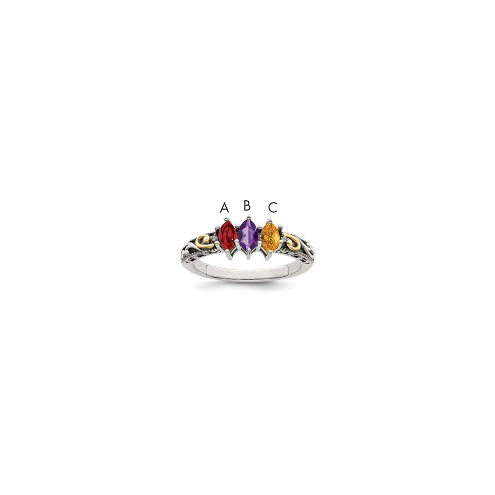 Sterling Silver Antiqued w/14k 3-stone w/Diamond Mother's Ring