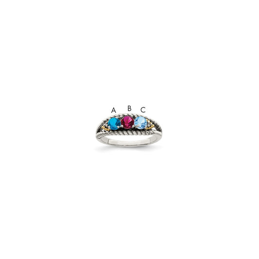 Sterling Silver Antiqued w/14k 3-stone w/Diamond Mother's Ring Semi-Mount