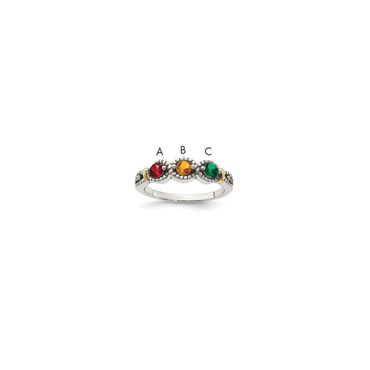 Sterling Silver Antiqued w/14k 3-stone w/Diamond Mother's Ring Semi-Mount
