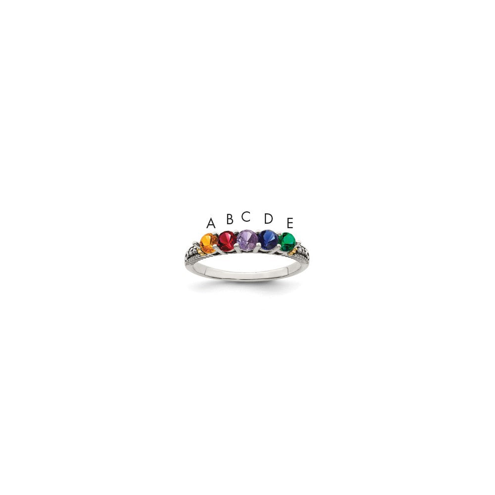 Sterling Silver Antiqued w/14k 5-stone w/Diamond Mother's Ring Semi-Mount