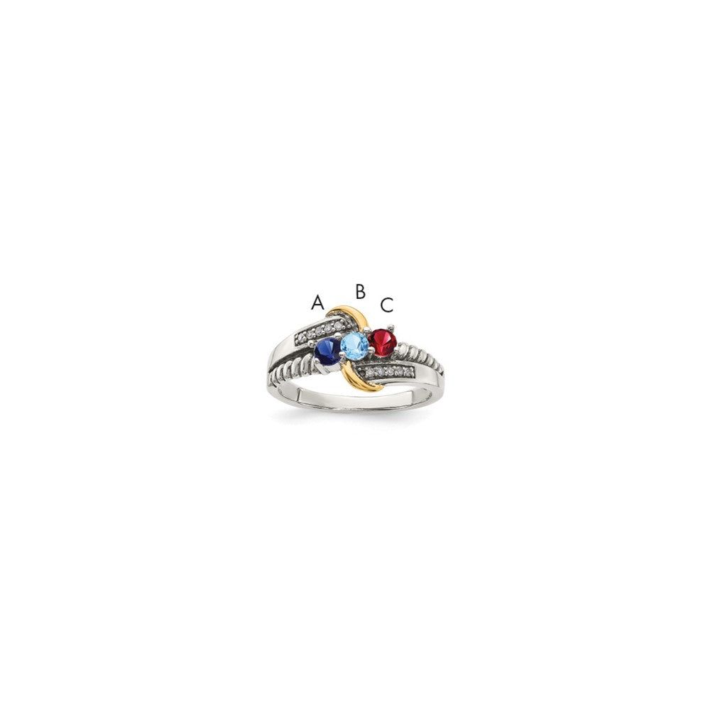 Sterling Silver Antiqued w/14k 3-stone w/Diamond Mother's Ring Semi-Mount