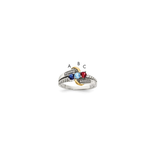 Sterling Silver Antiqued w/14k 3-stone w/Diamond Mother's Ring Semi-Mount