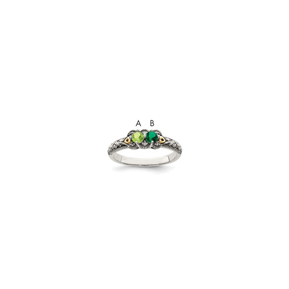 Sterling Silver Antiqued w/14k 2-stone w/Diamond Mother's Ring Semi-Mount