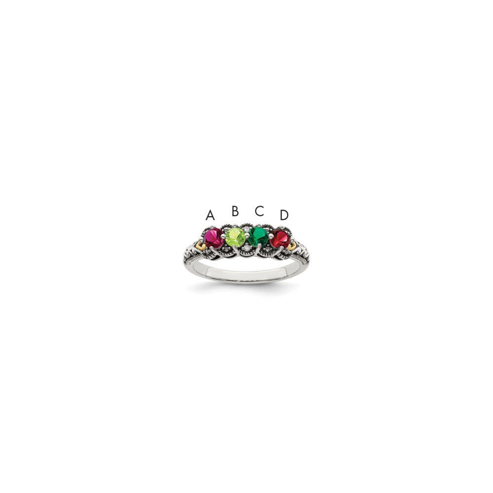 Sterling Silver Antiqued w/14k 4-stone w/Diamond Mother's Ring Semi-Mount