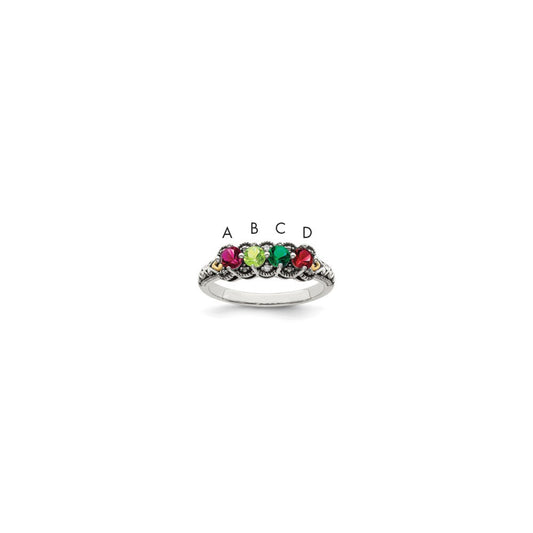 Sterling Silver Antiqued w/14k 4-stone w/Diamond Mother's Ring Semi-Mount