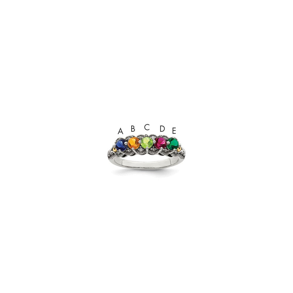 Sterling Silver Antiqued w/14k 5-stone w/Diamond Mother's Ring