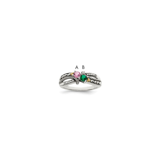 Sterling Silver Antiqued w/14k 2-stone w/Diamond Mother's Ring Semi-Mount
