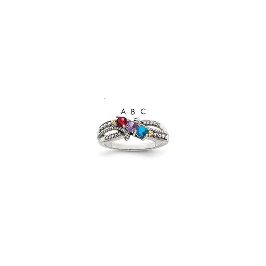 Sterling Silver Antiqued w/14k 3-stone w/Diamond Mother's Ring Semi-Mount