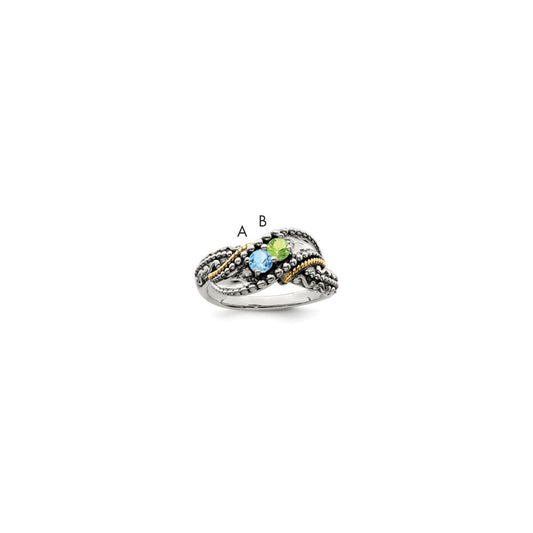 Sterling Silver Antiqued w/14k 2-stone w/Diamond Mother's Ring Semi-Mount