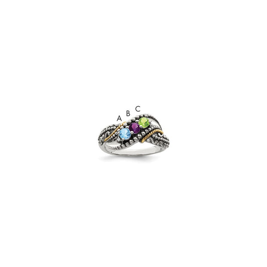 Sterling Silver Antiqued w/14k 3-stone w/Diamond Mother's Ring Semi-Mount