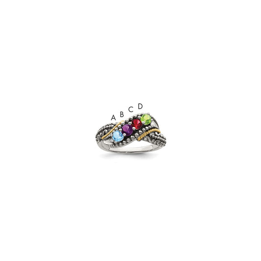 Sterling Silver Antiqued w/14k 4-stone w/Diamond Mother's Ring Semi-Mount