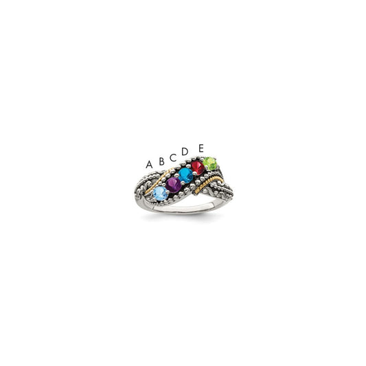 Sterling Silver Antiqued w/14k 5-stone w/Diamond Mother's Ring Semi-Mount