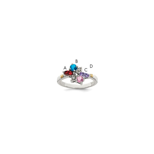 Sterling Silver Antiqued w/14k 4-stone w/Diamond Mother's Ring Semi-Mount