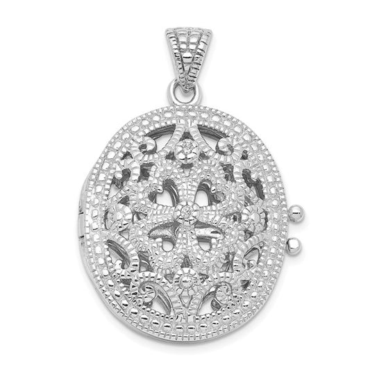 Sterling Silver Rhodium-plated CZ Fancy Filigree Oval 22mm Locket