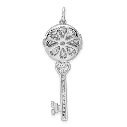 Sterling Silver Rhodium-plated CZ Filigree Locket Key Pendant