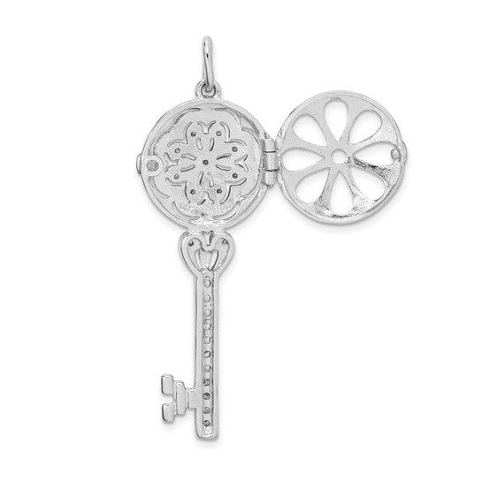 Sterling Silver Rhodium-plated CZ Filigree Locket Key Pendant