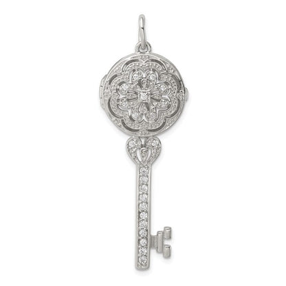 Sterling Silver Rhodium-plated CZ Filigree Locket Key Pendant