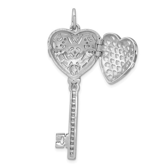 Sterling Silver Rhodium-plated CZ Heart Key Locket