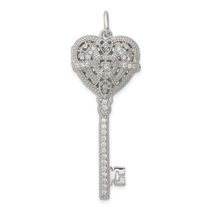 Sterling Silver Rhodium-plated CZ Heart Key Locket