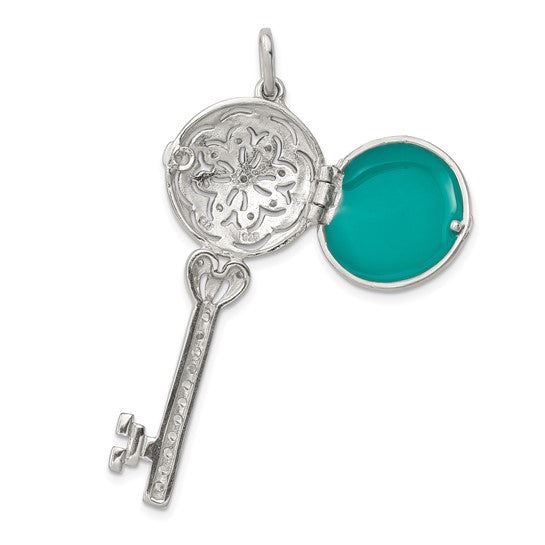 Sterling Silver Rhodium-plated CZ Filigree Enameled Top Key Locket Pendant