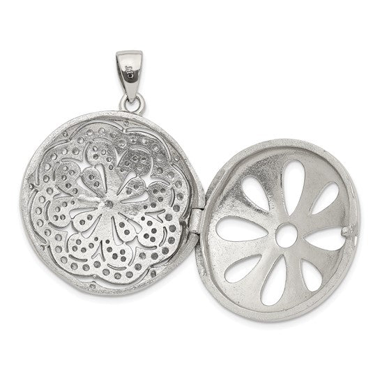 Sterling Silver Rhodium-plated CZ Flower Design 22mm Locket Pendant